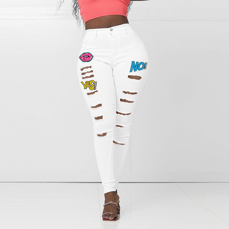 Letter Print High Waist Cut Out Denim Pants