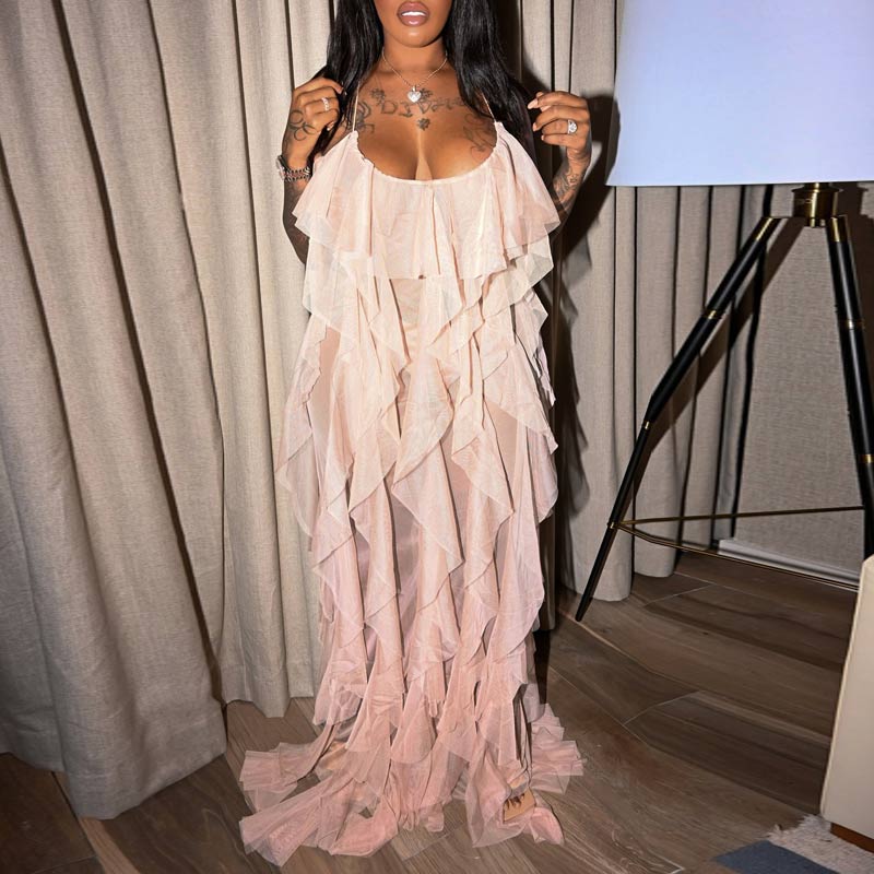 Solid Sleeveless Ruffle Design Sheer Mesh Maxi Dress