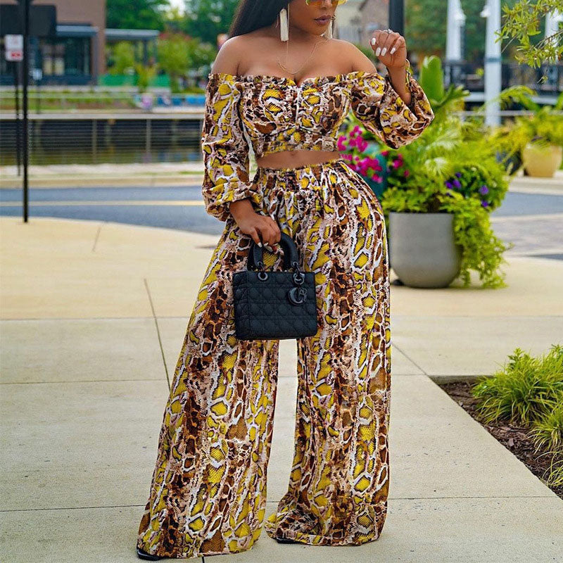 Print Off Shoulder Crop Top & Wide Leg Pants Set