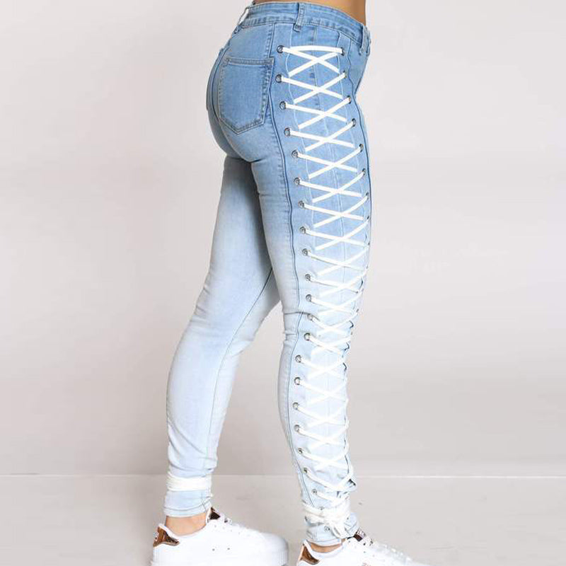 Sexy Eyelet Lace-up Denim Pants