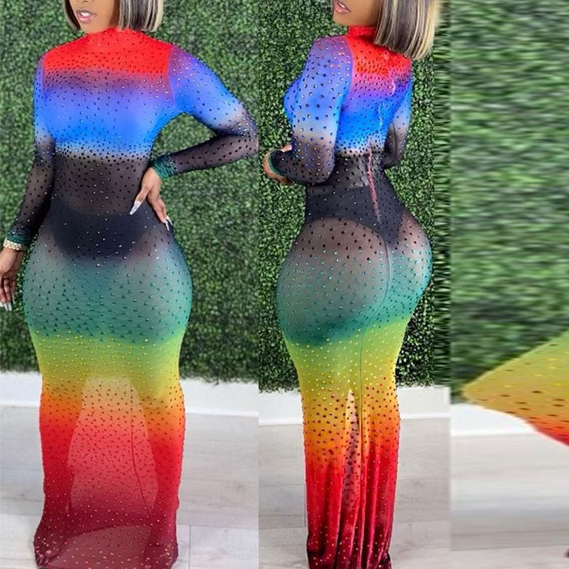 Colorful Rhinestone Long Sleeve Sheer Mesh Maxi Dress