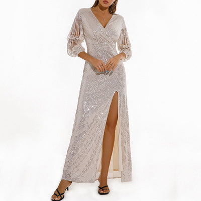 Sequins V-Neck Tassel Sleeve High Slit Dress