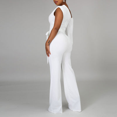 Solid One Shoulder Belted Wide Leg Jumpsuit