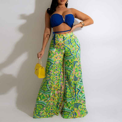 Print Bandage Tube Top & Wide Leg Pants Set