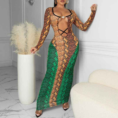 Snakeskin Print Long Sleeve Hollow Out Maxi Dress