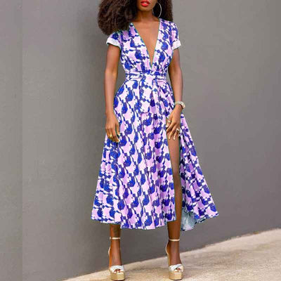 Print Deep V-Neck Short Sleeve High Slit Dress