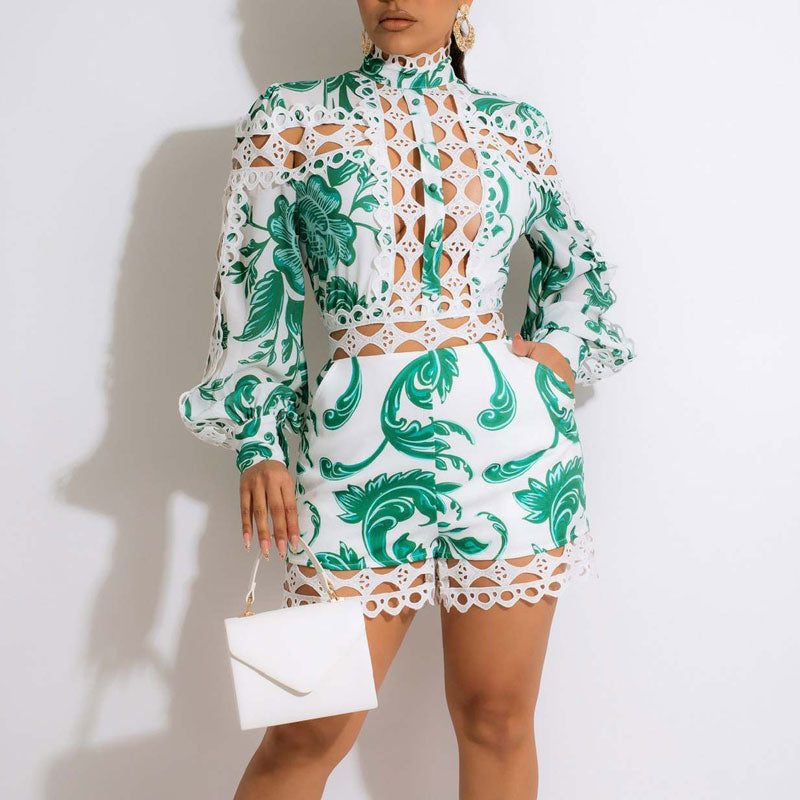 Print Long Sleeve Hollow Out Romper