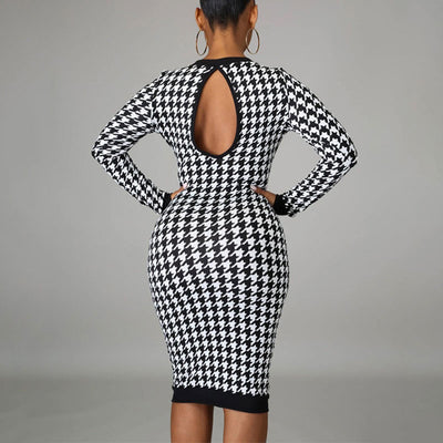 Houndstooth Pattern Round Nack Long Sleeve Back Cut Out Bodycon Dress