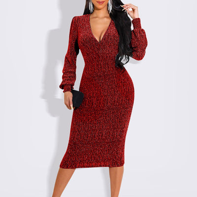 Glitter V-Neck Long Sleeve Midi Dress