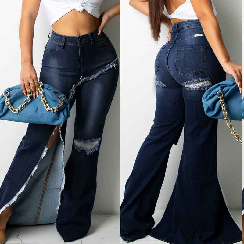 Solid Ripped High Slit Denim Pants