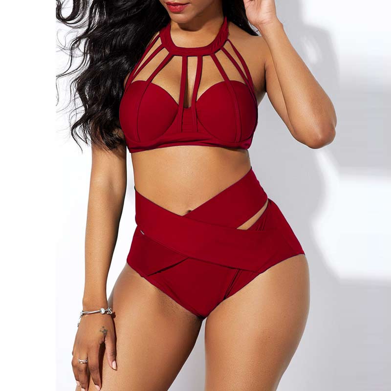 Solid Sleeveless Cut Out Two Piece Swimsuit Set