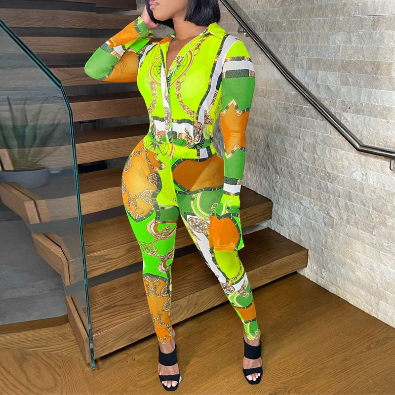 Print Turndown Neck Long Sleeve Jumpsuit