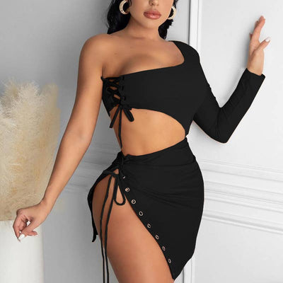 Solid One Shoulder Bandage Crop Top & Skirt Set