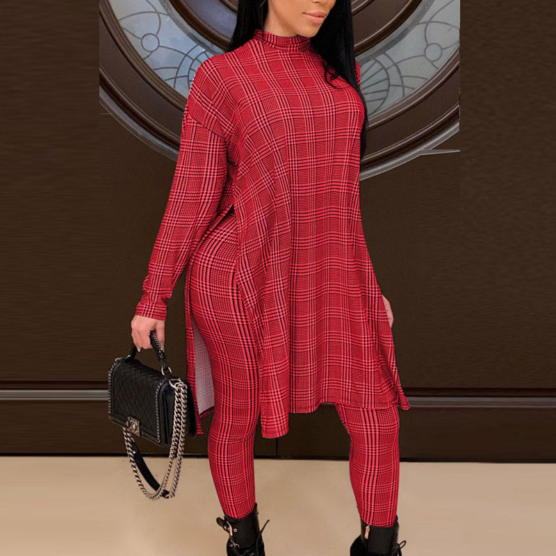 Plaid Long Sleeve High Split Top & Pants Set