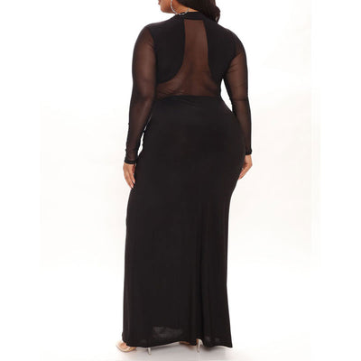 Solid Long Sleeve Sheer Mesh Patchwork Maxi Dress