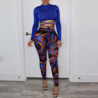 Solid Long Sleeve Bandage Top & Print Leggings Set