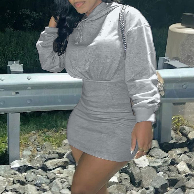 Solid Long Sleeve Hoodie Casual Bodycon Dress