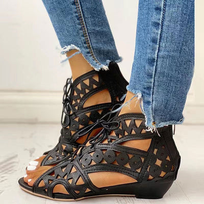 Solid Hollow Out Lace Up Flat Sandals