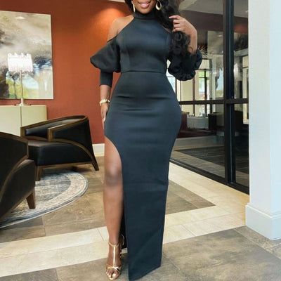 Solid Cold Shoulder Long Sleeve High Slit Maxi Dress