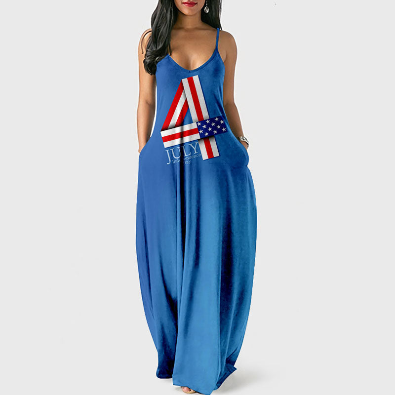 Independence Day Letter Print Sleeveless Loose Maxi Dress