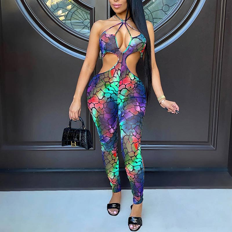 Print Sleeveless Halter Cut Out Jumpsuit