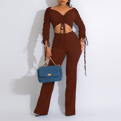 Solid V-Neck Long Sleeve Drawstring Crop Top & Pants Set