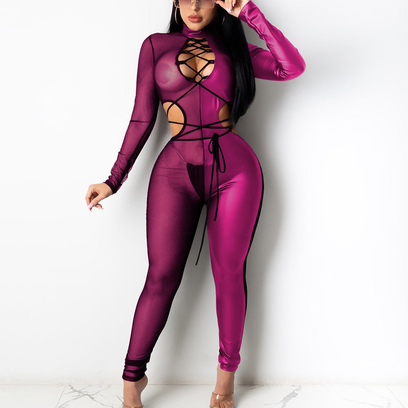 PU Sheer Mesh Patchwork Laceup Cutout Long Sleeve Jumpsuit