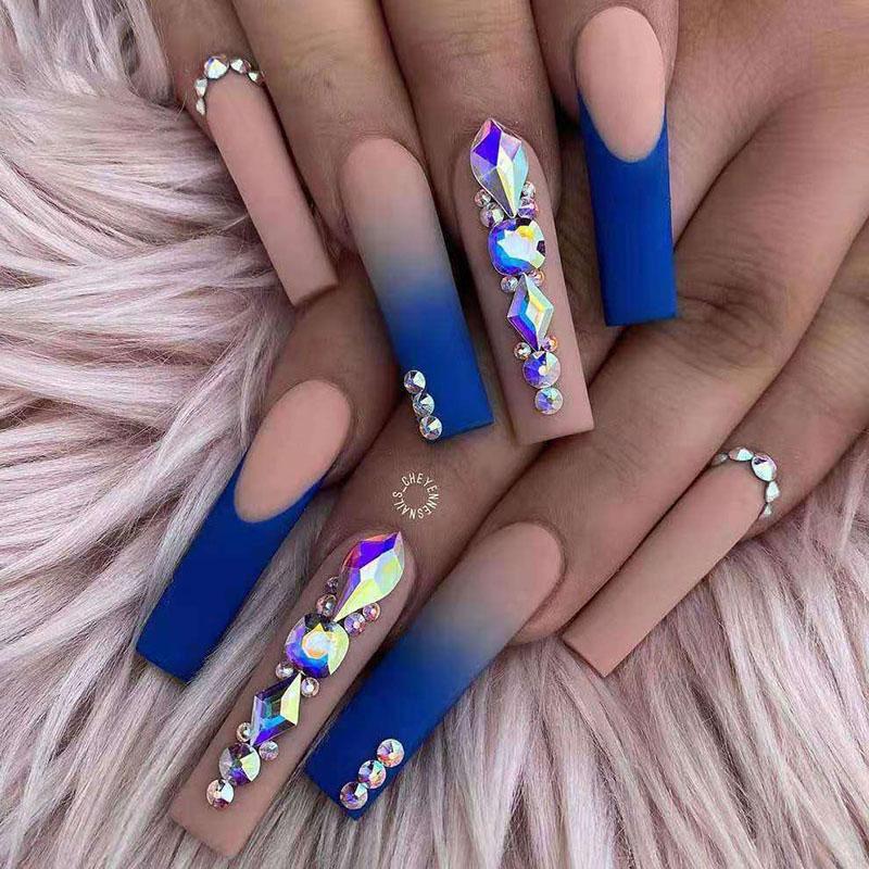 Crystal Diamond Long Fake Nails With Glue