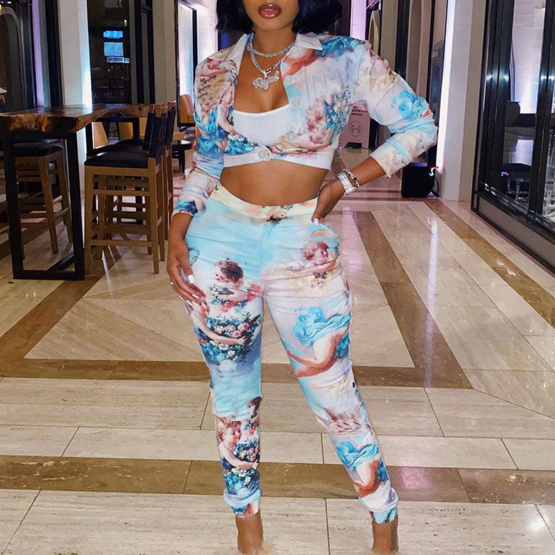 Print Long Sleeve Crop Top & Pants Set