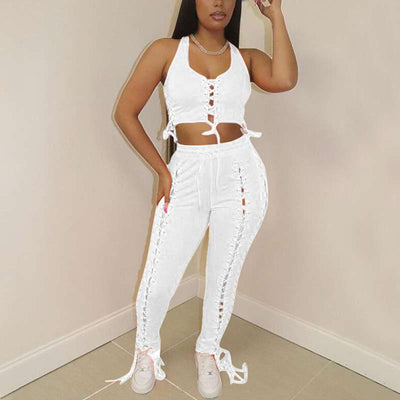 Solid Sleeveless Lace Up Tube Top & Pants Set