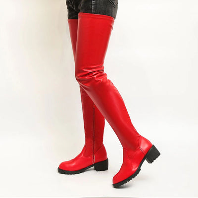 Solid PU Leather Knee-High Boots