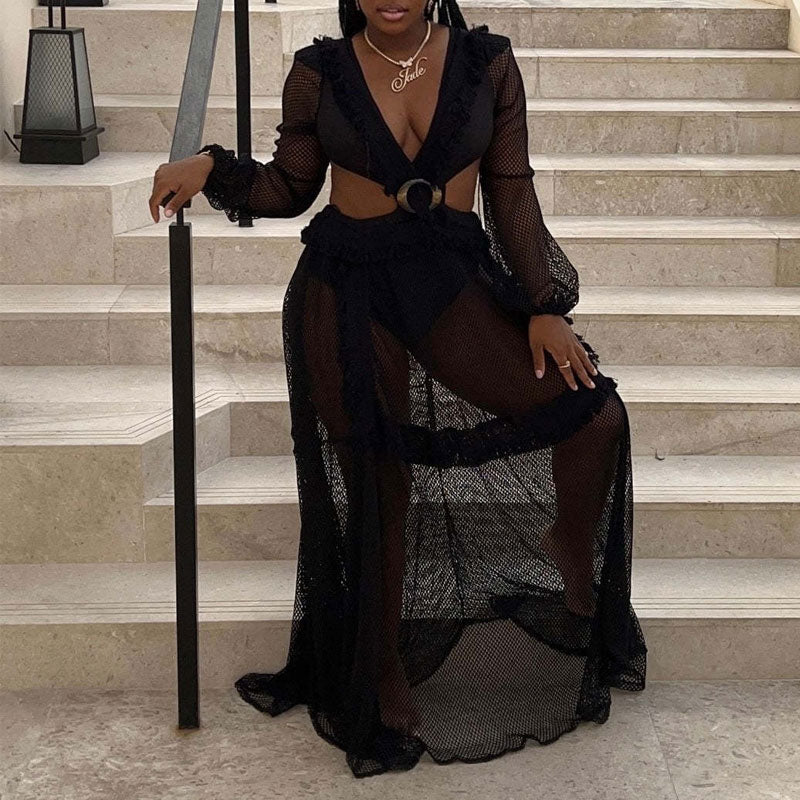 Solid V-Neck Long Sleeve Cut Out Sheer Mesh Maxi Dress