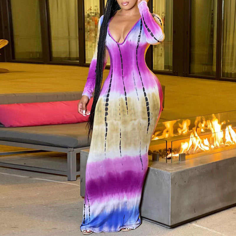 Tie Dye Print V-Neck Long Sleeve Maxi Dress