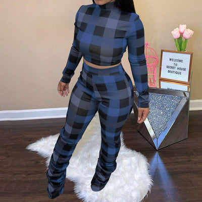 Plaid Pattern Long Sleeve Crop Top & Stacked Pants Set