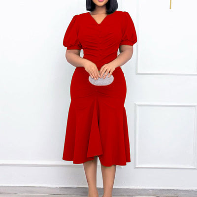 Solid Puff Sleeve Button Detailed Fishtail Midi Dress