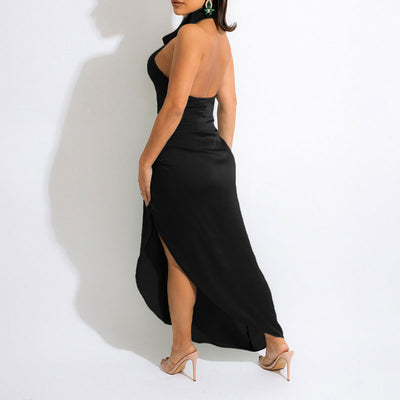 Solid Cowl Neck Sleeveless High Slit Dress