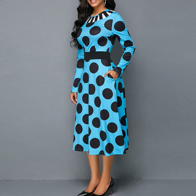 Polka Dot Print Long Sleeve Midi Dress