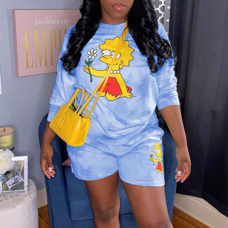 Cartoon Print Long Sleeve Top & Shorts Set