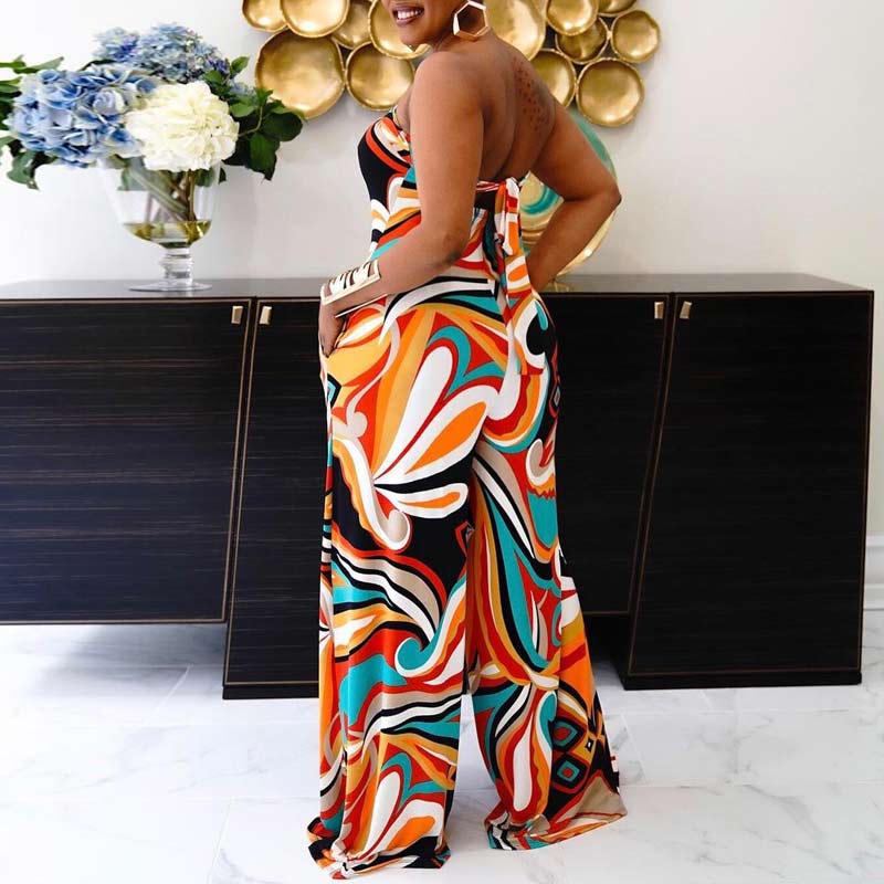 Print Off Shoulder Backless Wide Leg Jumpsuit