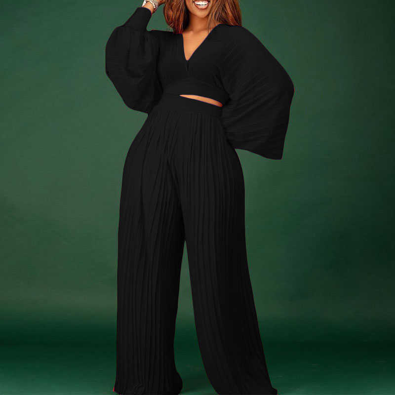 Solid V-Neck Lantern Sleeve Crop Top & Wide Leg Pants Set