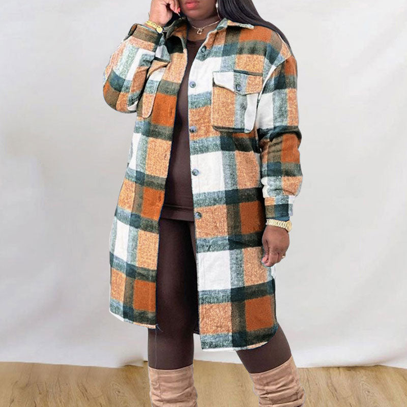 Plaid Pattern Long Sleeve Button Detailed Coat