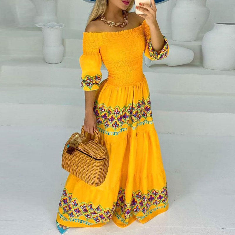 Floral Print Off Shoulder Lantern Sleeve Maxi Dress