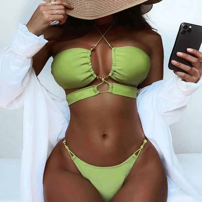 Solid Halter Beaded 2PCS Bikini Set