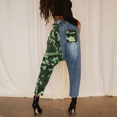 Denim Camouflage Patchwork Pocket Straight Pants