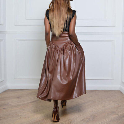 Solid High Waist Ruched PU Leather Skirt