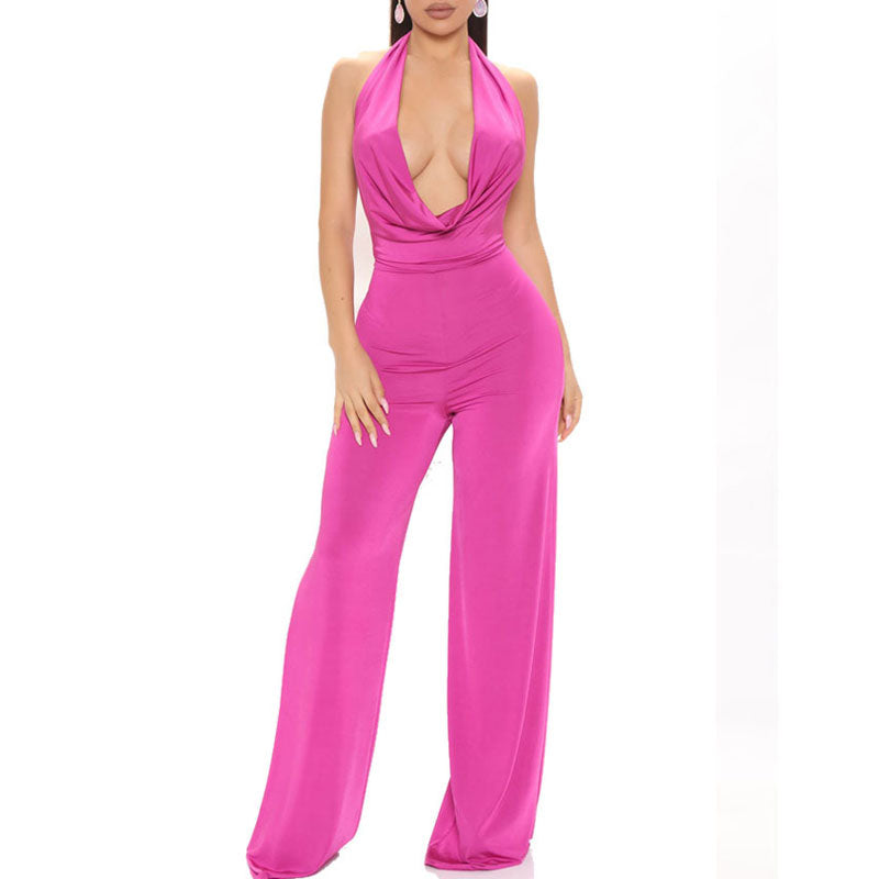 Solid Cowl Neck Halter Sleeveless Jumpsuit