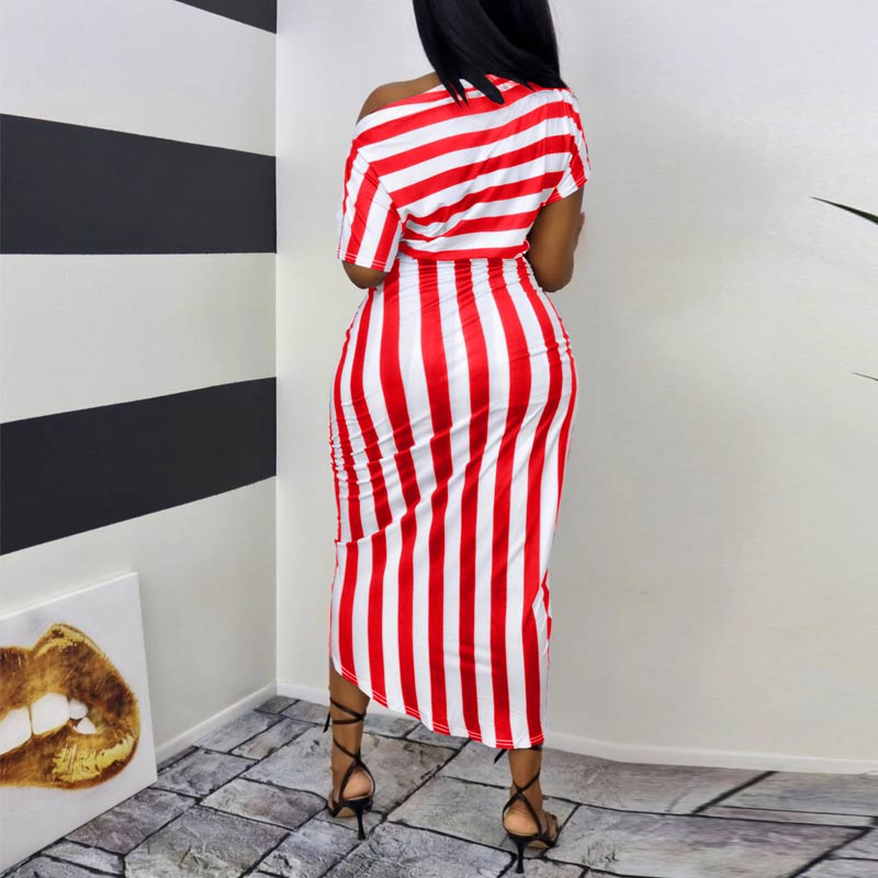 One Shoulder Stripe Pattern High Split Dress