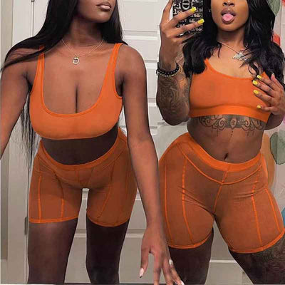 Solid Sheer Mesh 2PCS Shorts Set