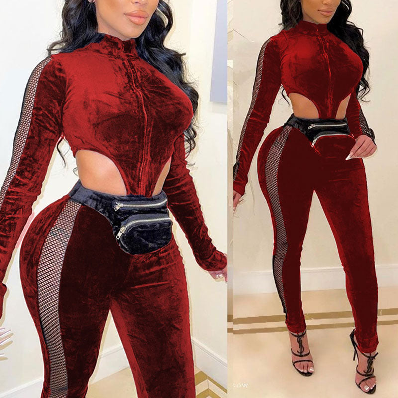 Solid Long Sleeve Sheer Mesh Patchwork Velvet Jumpsuit