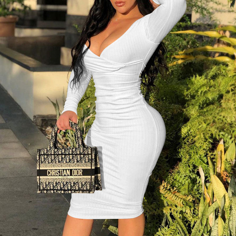 Solid Off Shoulder Long Sleeve Bodycon Dress